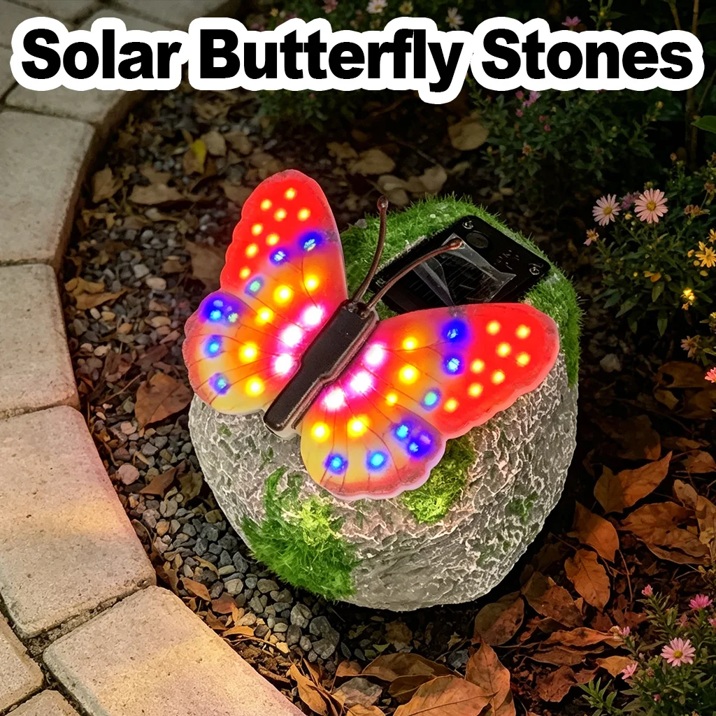 Outdoor Decorative Stones Solar LED Butterfly Light-Up Landscape Imitation Garden Stones for Yard Walkway Patio Lawn Pond