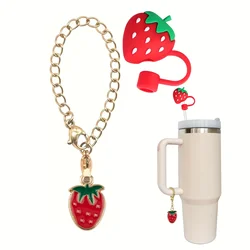2set Silicone Fruit Straw Cover Cap With Chain Charm Strawberry Pineapple For Stanley Tumblers With Handle 8mm Drinking Straw