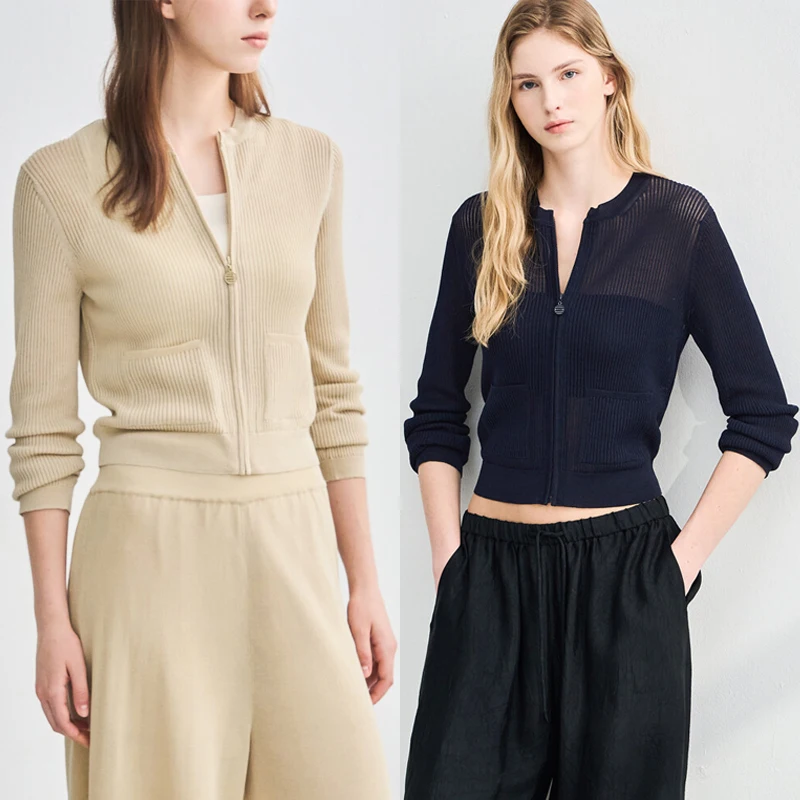 

Slimming Short Knitted Cardigan round Neck Zipper Women's Fashion Style Commute Style Thin Body Fit Two Colors Available