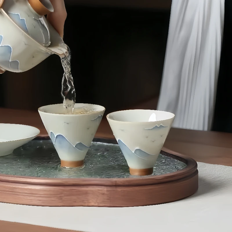 Sombreros de paisaje pintados a mano, tazas de té, juego de té kung fu, hierba, ceniza, cerámica, color bajo vidriado, té para beber, degustación de té, tazas individuales