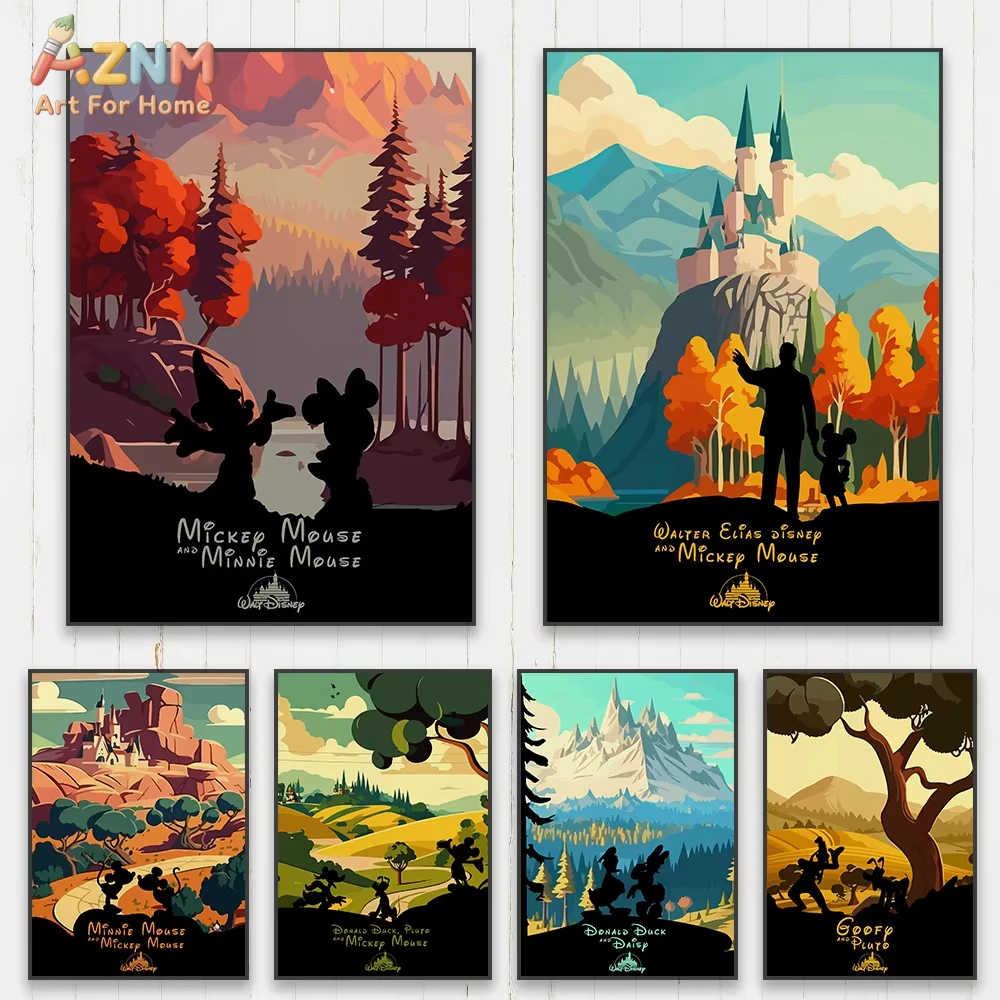 1/6 Piezas de Póster Vintage de Mickey Mouse, Impresión de Disneyland, Impresión Moderna de Viaje, Arte en Lienzo, Pintura Decorativa para el Hogar, Decoración para Dormitorio