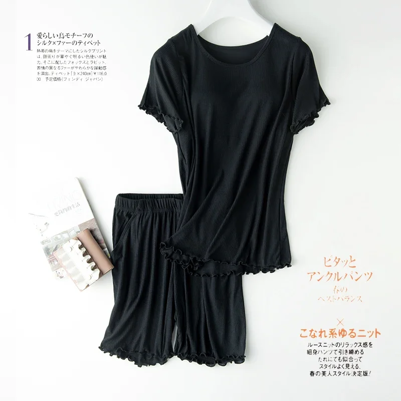 Threaded cotton with chest pad pajamas short sleeve knitted one half sleeve + shorts pajamas solid color simple large size suit