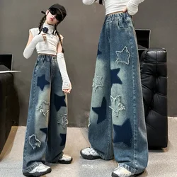 New Fashion Stars Towel Embroidery Baggy Kids Jeans Pants Y2K Clothes Straight Hip Hop Cotton Trousers Pantalon Home Girls jeans