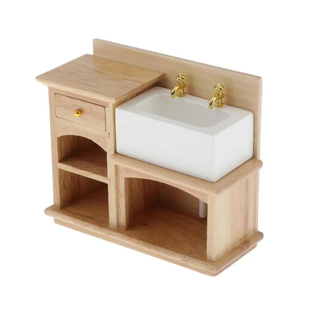 1:12 Dollhouse Miniature Furniture Wooden Refrigerator Freezer and Cabinet with Ceramic Sink Model Scenes