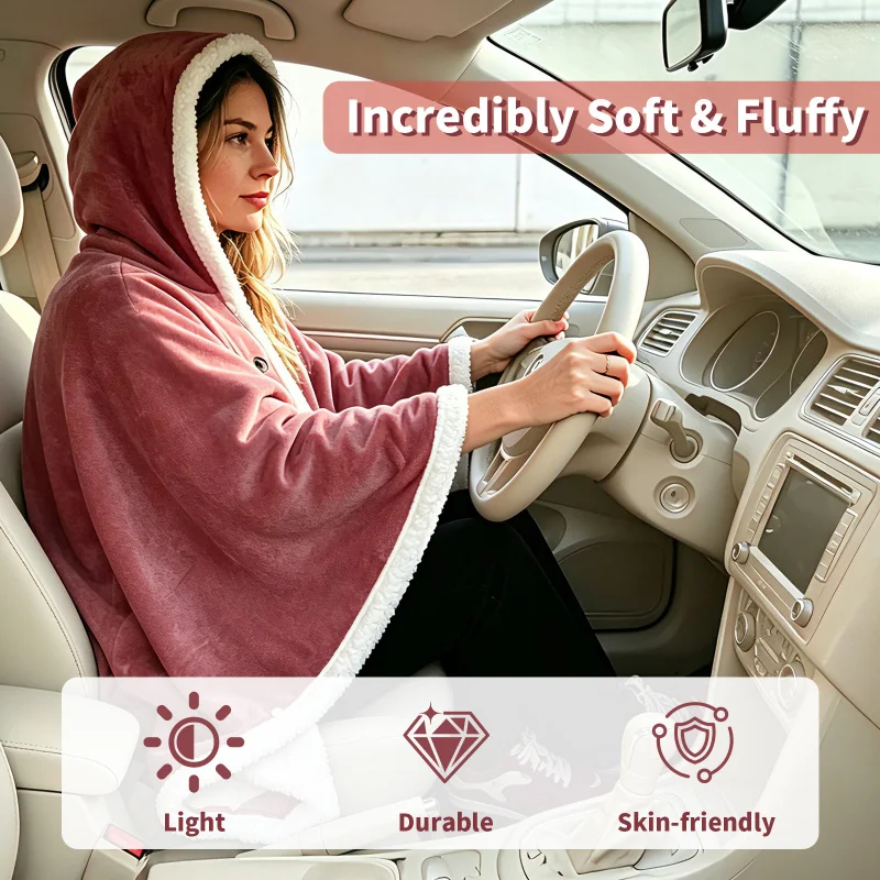 Hooded USB Heated Shawl Cordless Wearable Electric Blanket Poncho Power Bank Powered 5V Safe Low Voltage Machine Washable