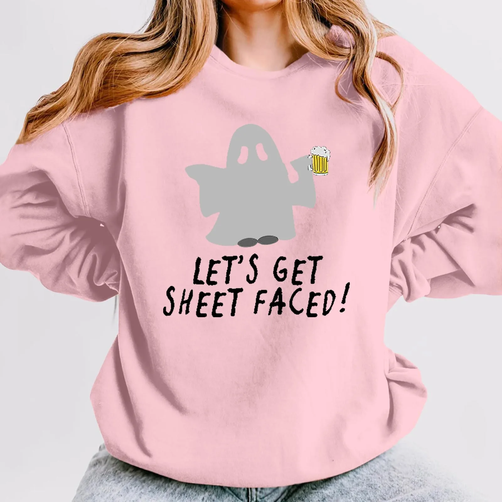 

Women's Halloween Funny Ghost Holding Beer Letters Printed Crew Neck Long Sleeved Hoodless Pullover Top Autumn Winter Sweatshirt