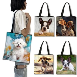 Sevimli Beagle Boston Terrier köpek baskı omuzdan askili çanta kadın Bichon Frise alışveriş çantaları moda yeniden kullanılabilir askılı çanta tuval Shopper çanta