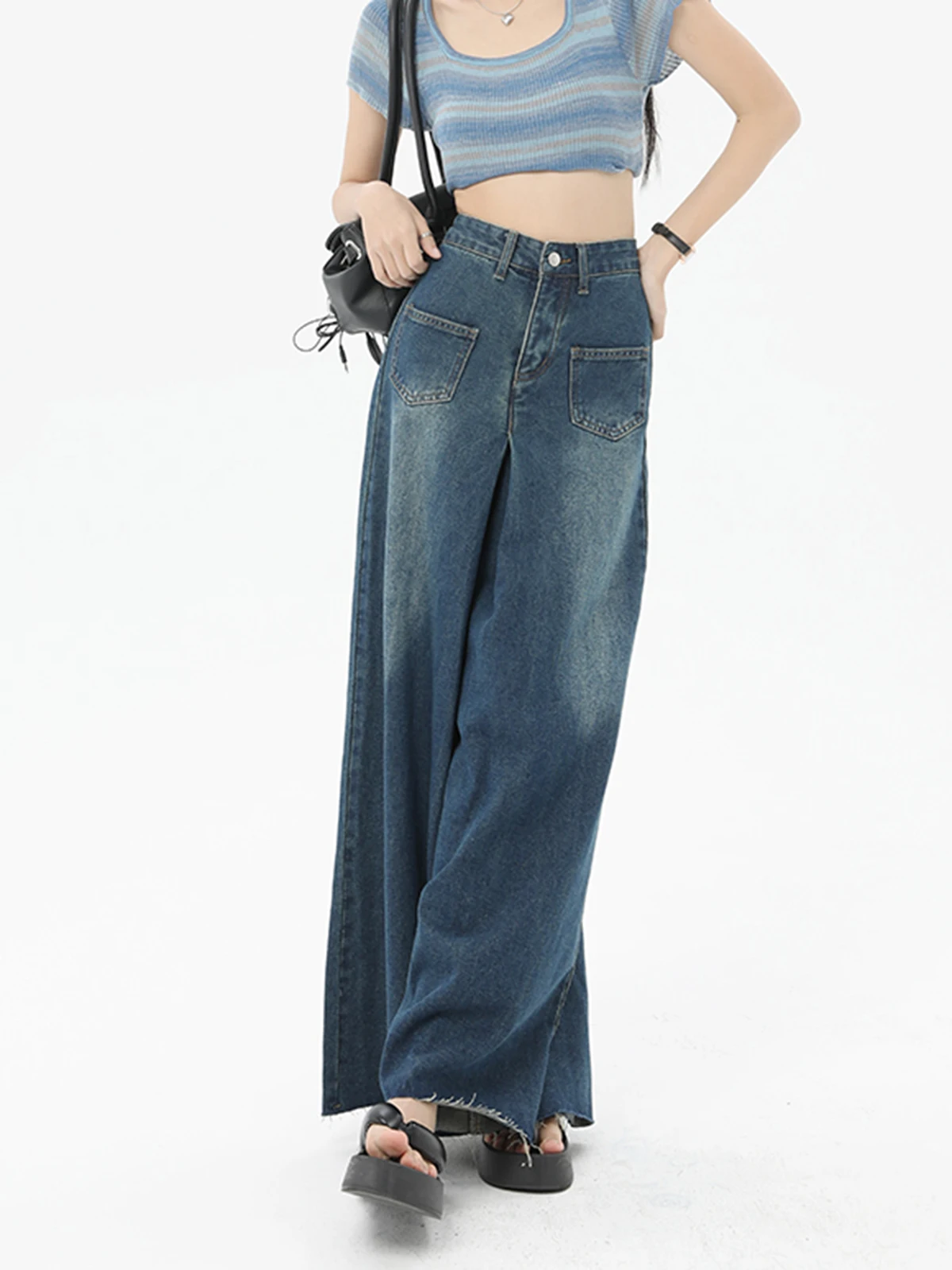 2024 Spring Autumn Women Woolen Edge Washed Jeans High Waisted Wide Leg Denim Pants Harajuku Street Ladies Long Skirt Trousers