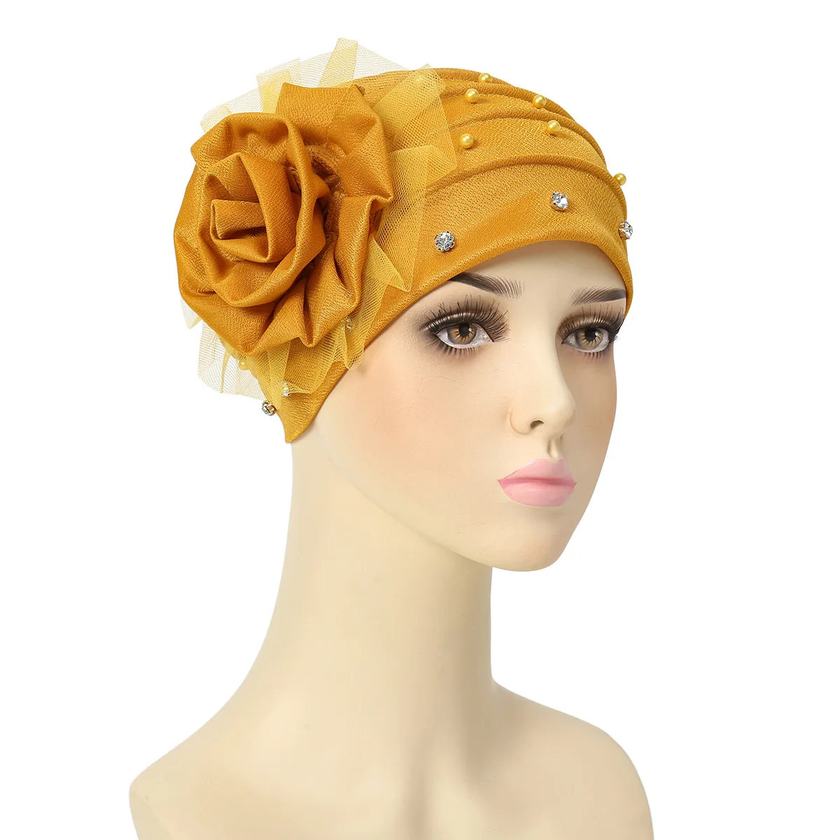 2024 New Flower Diamonds Party Turban Hijab Cap Women Big Elastic Hair Loss Bandanas Muslim Head Wrap Elegant Hair Accessories