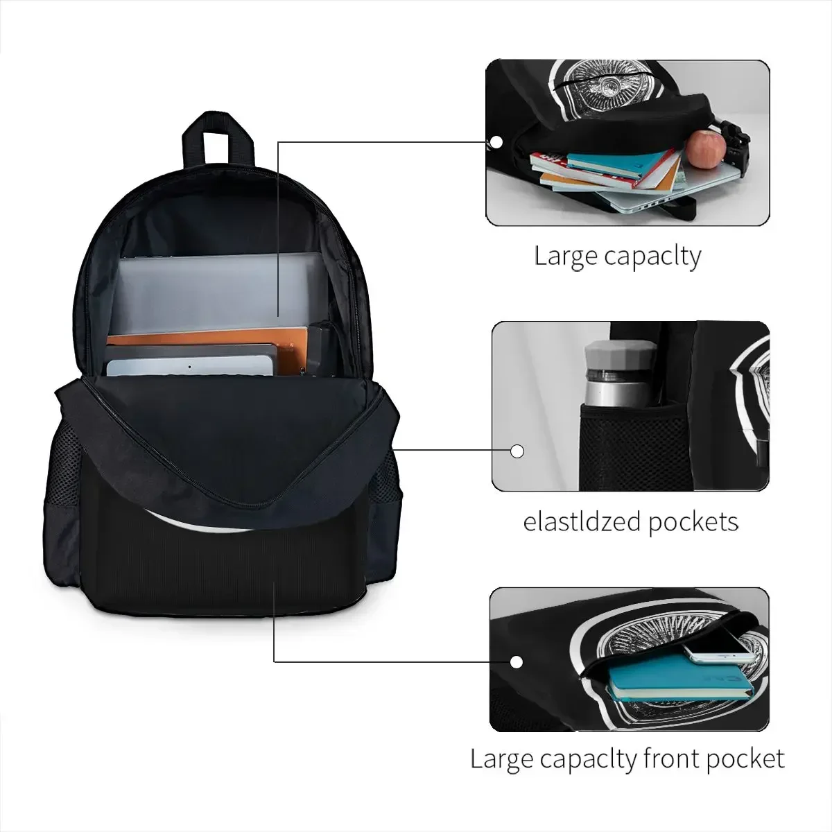 Lowrider Wire Wheel Knockoff Engraved Car Show Large Capacity Backpack Travel Schoolbag Personalised Riding Backpack