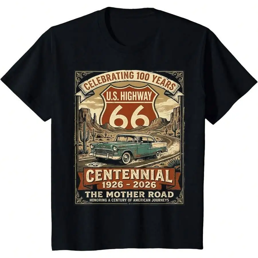 Vintage Highway 66 100 Year Centennial Anniversary Souvenir T-Shirt 100% Cotton Trendy Y2K Short-Sleeve Tee-Soft, Quick-Drying,