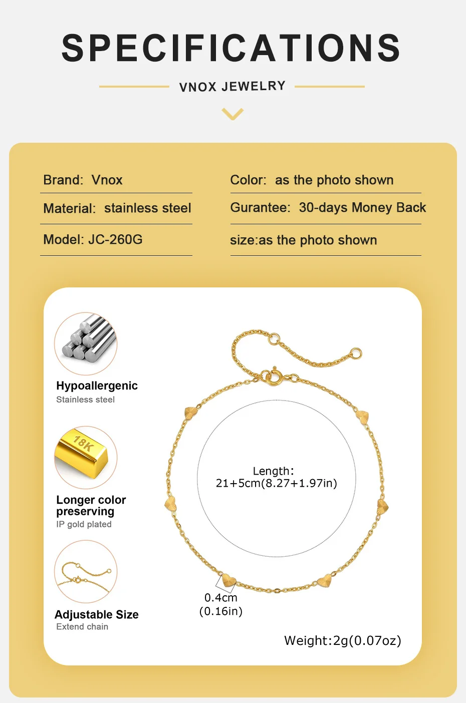 Vnox Edelstahl Vergoldete Damen Herz-Fußkettchen Minimalistischer Fußschmuck Wasserfester Boho-Schmuck Fußkettchen-Accessoires – Detail 4