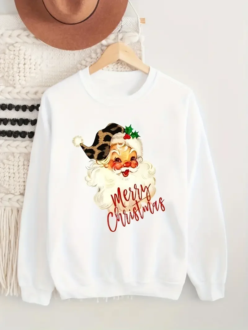 Christmas Casual Sports Long Sleeve Round Neck Sweatshirts, Cute Printed Pullover Tops, Women's Sporty Sweatshirs