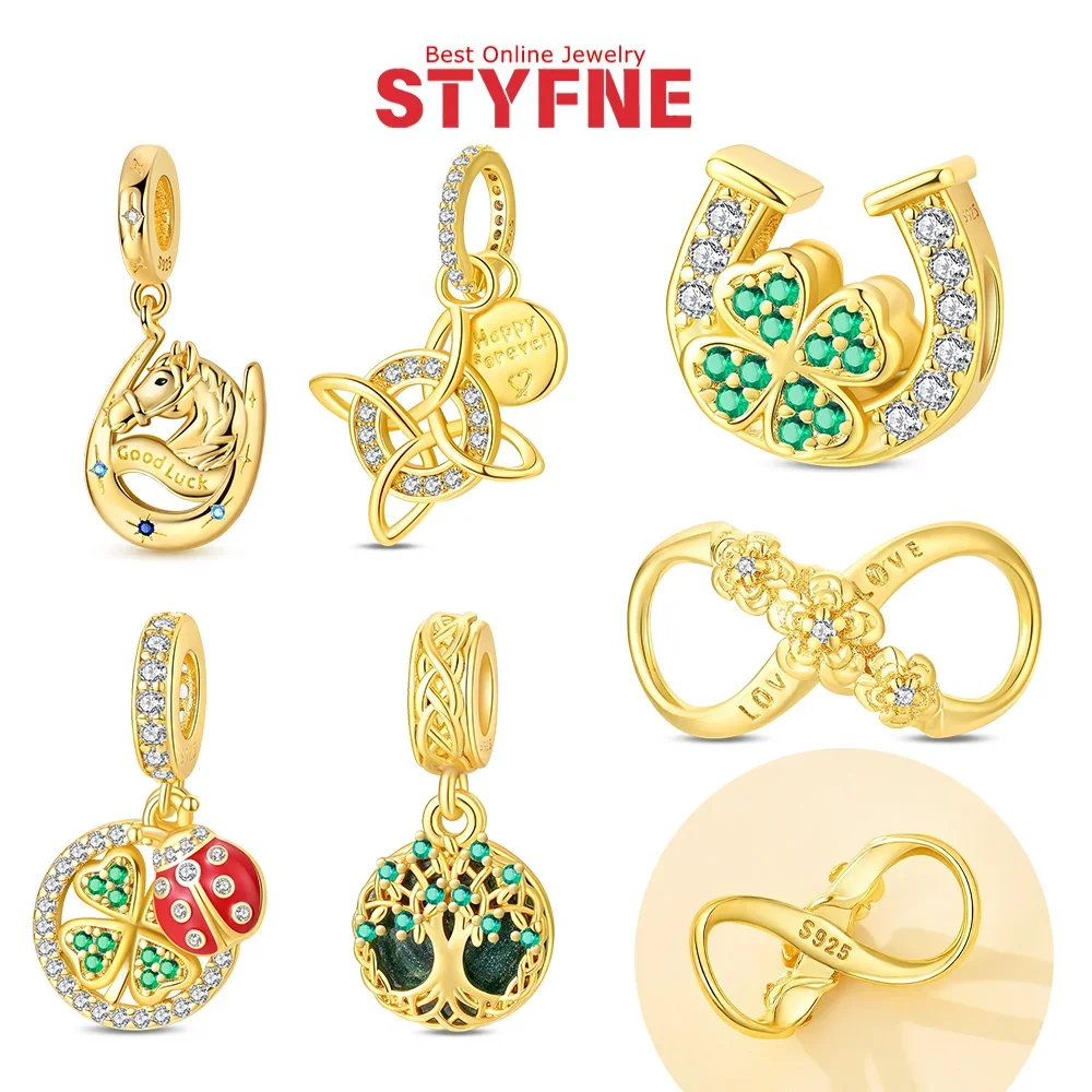 Gold Lucky Charms 925 Silver Zircon Four-leaf Clover Ladybug Beads Horseshoe Wishing Tree Pendant Fit DIY Bracelet Jewelry Gift