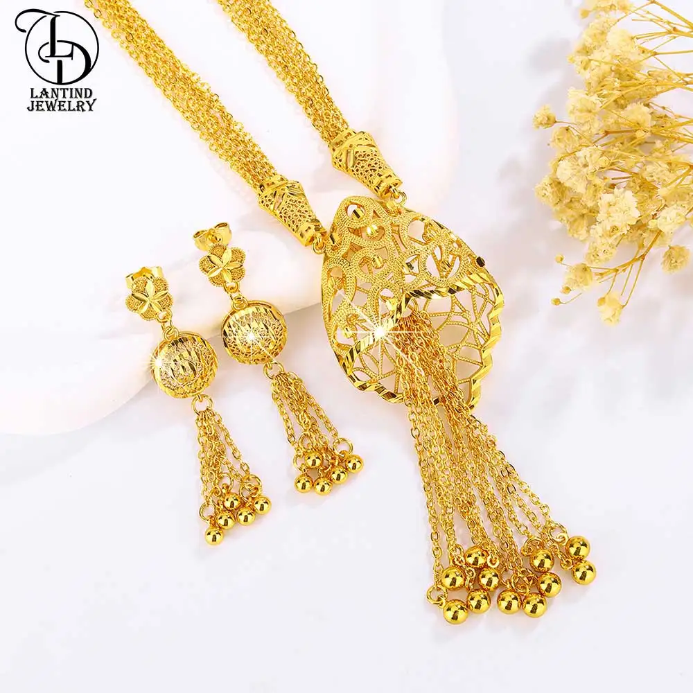 Bs00070 Dubai Fashion Women's Hollow Pattern Necklace Ball 24K Gold Plated Middle Eastern Luxurious Flower Tassel Earrings Copper Jewelry Two-Piece Set