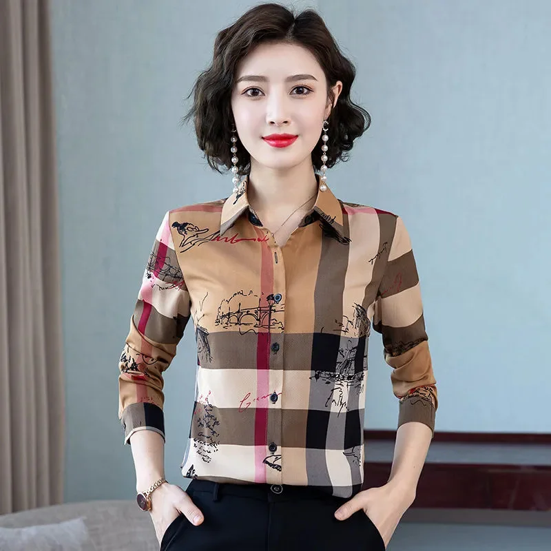 

Элегантная женская блузка, винтажная клетчатая рубашка с принтом, модные топы на пуговицах, повседневные пуловеры с воротником-поло, весенне-осенняя женская рубашка J37