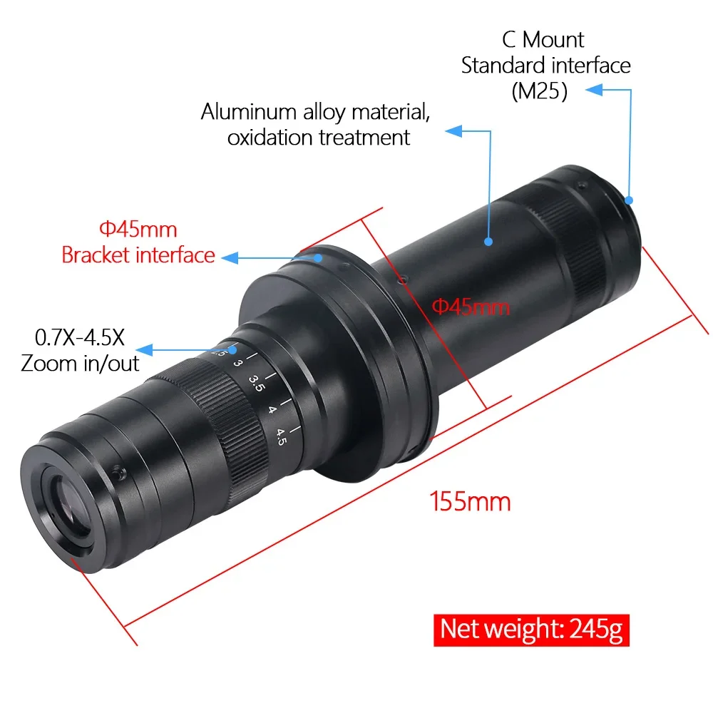 Industrial Video Microscope Camera C-Mount Type Interface Confocal Adjustable Magnification 0.7X-4.5X Optical Zoom Lens