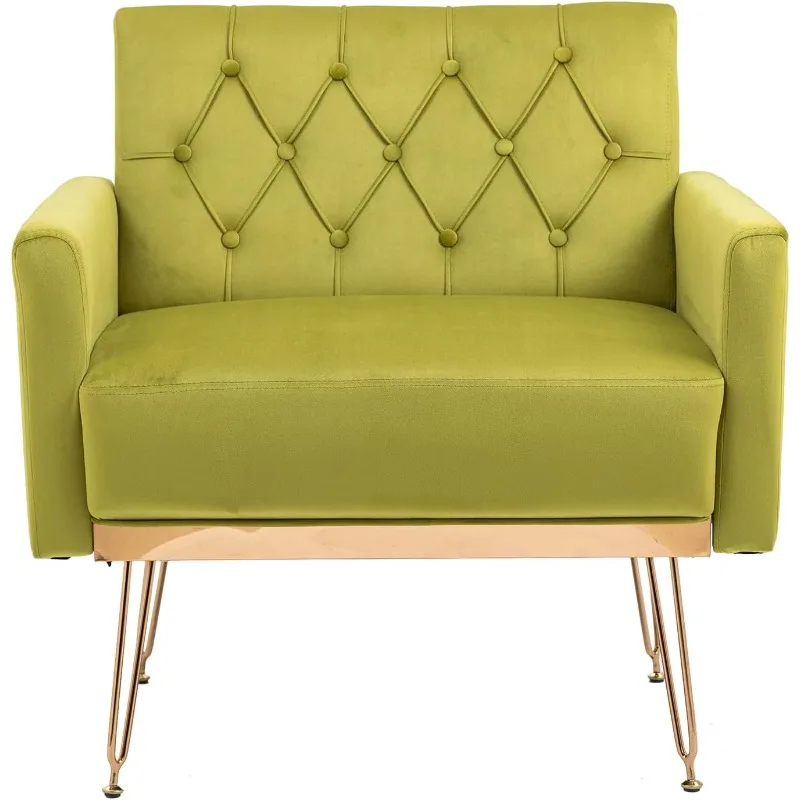 Современный оливково-зеленый акцентный стул, бархатное кресло с обивкой и золотыми металлическими ножками, удобный тафтинговый одноместный диван-стул с подлокотниками