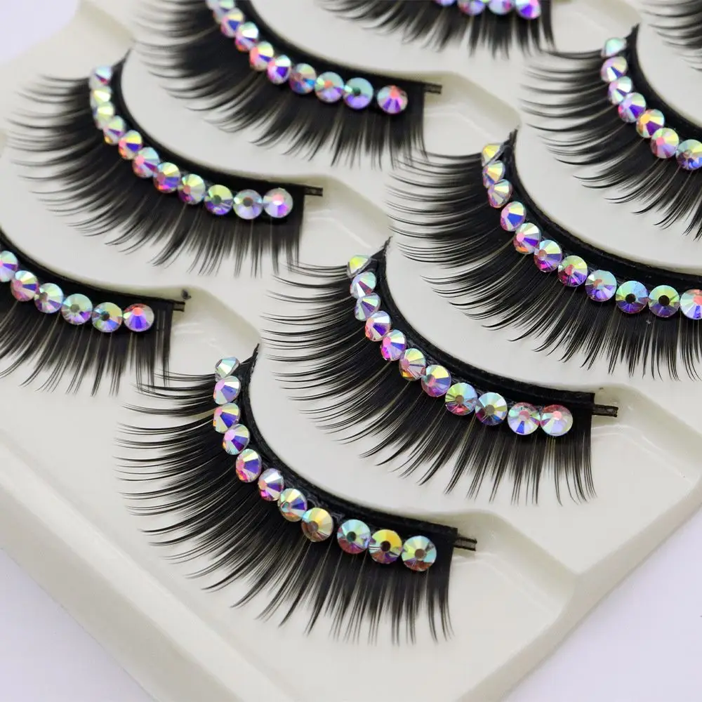 5 Pairs Natural Makeup Dense Exaggeration Shiny Rhinestones False Eyelashes Mink 3D Fake Eye Lashes