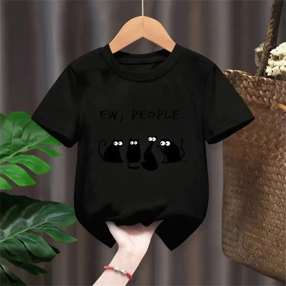 EW PEOPLE Letter Print Kids T-Shirt Summer Children's Pure Cotton Short-sleeved Casual Tops Boys/girls Gifts Black Cat Pattern