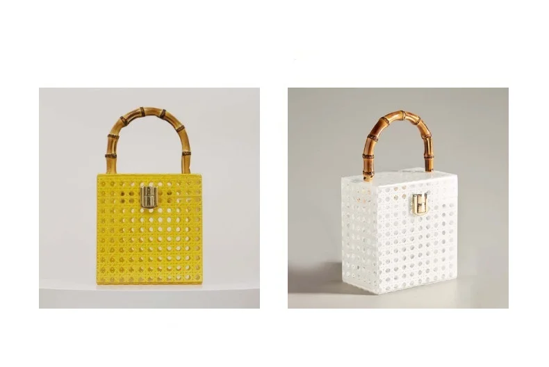 Rattan Cane White Bamboo Knitting Acrylic Patchwork Handbag Party Prom Clutch Woman Evening Bag Party Wedding Lady Travel Purse - Image 2