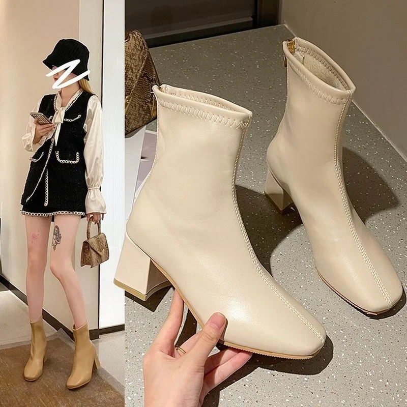 

2022 Winter Boots for Women Zippers Square Toe Fashion Ankle Booties Soft Leather Spring Autumn Ladies Shoes Female Short Botas