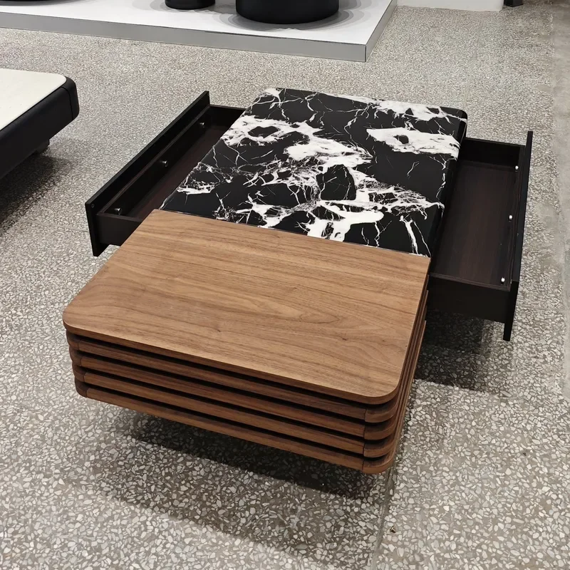 Marble Coffee Table for Living Room Small Apartment Square Design with Wooden Storage Cabinet Combination Household Furniture