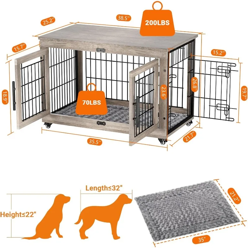 Wooden Dog Crate Furniture with Cushion & Double Doors,Pet Cage with Wheels, for Large Medium Dogs up to 70 lb, 38.5” L, Grey