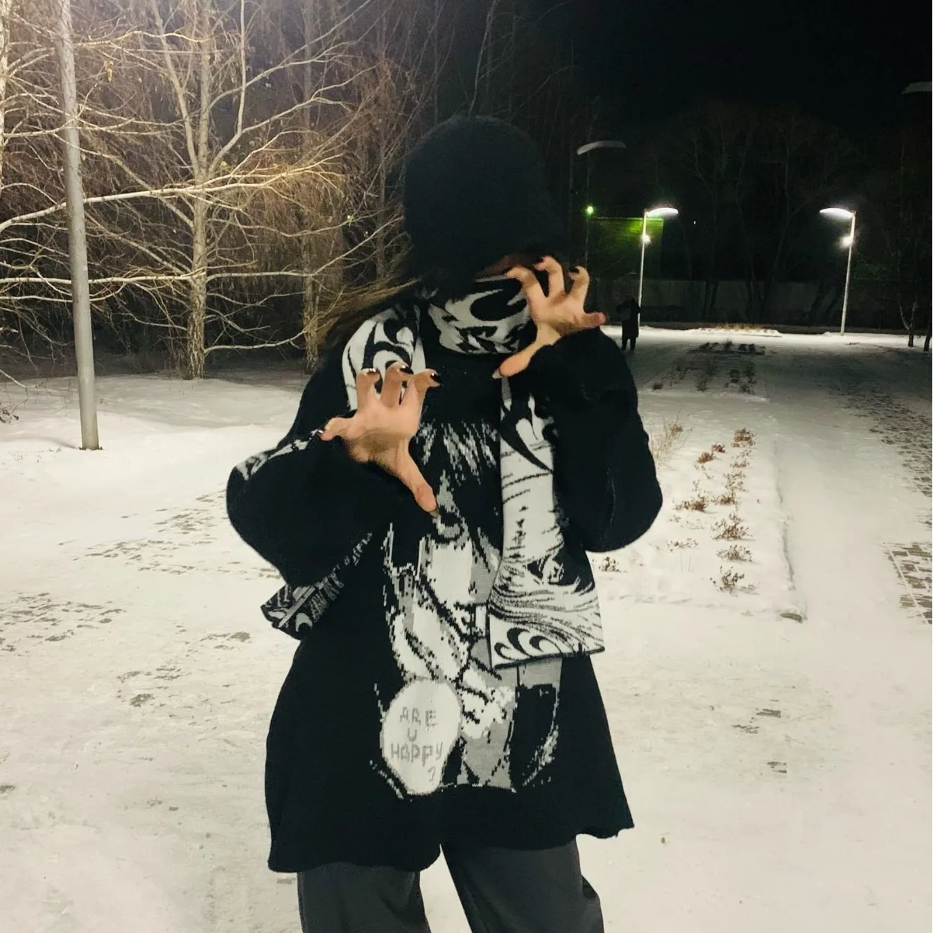 Korean Autumn and Winter New Arrival Dark Style Anime Element Double-sided Jacquard Scarf, Headscarf, Shawl