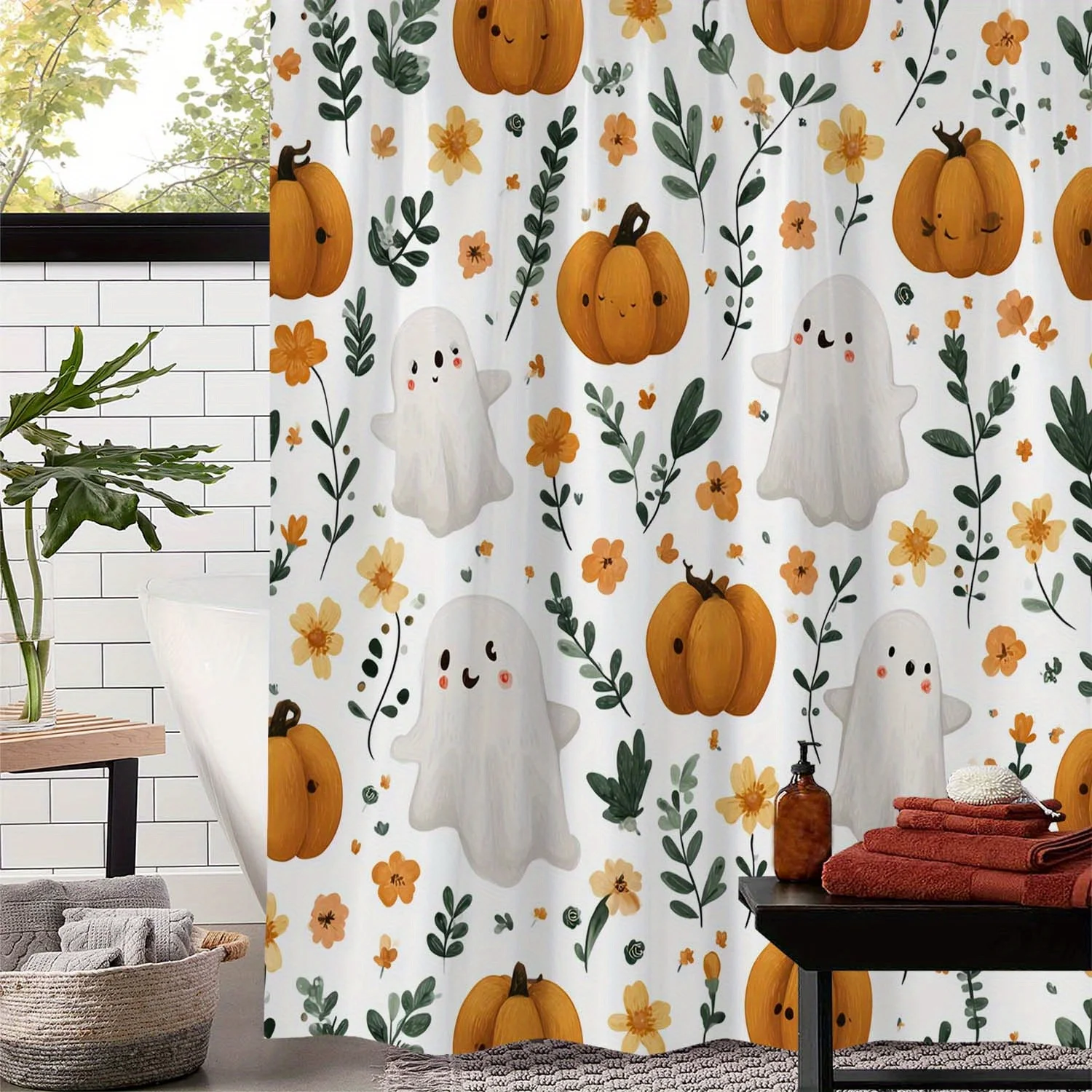 

Открытая занавеска для душа с милым принтом тыквы на Хэллоуин