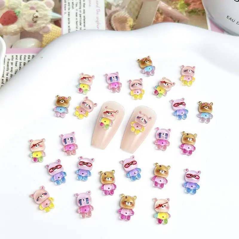 Colorful Cartoon Bear Nail Art Decorations 3D Luminou Cute Glasses Crying Bear Resin Nail Charms Accessories DIY Hairpin Nails