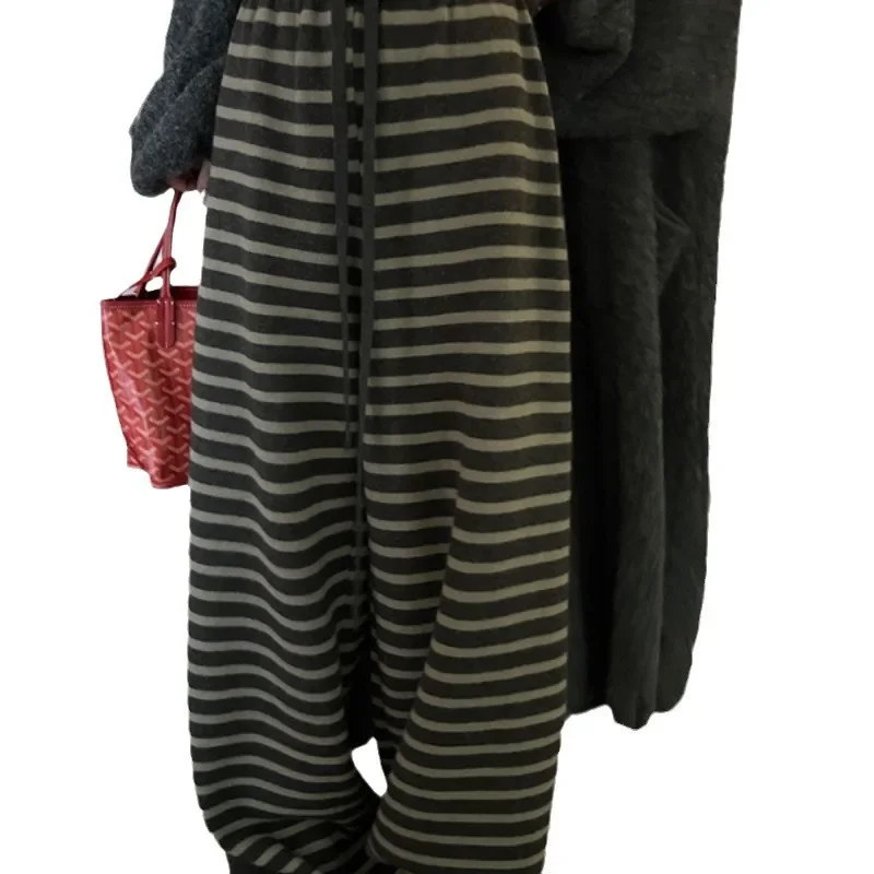 Women Wool Knitted Casual Stripe Loose Wide Leg Pants Autumn Spring Comfortable Warm Black White Pattern Y2k Pants Streetwear