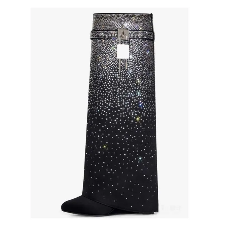 

Rhinestone black Lock pointed Toe Wedge Knee-High Boots Woman Winter 2023 Trouser Boot Female Fashion Luxury Shoes for Women