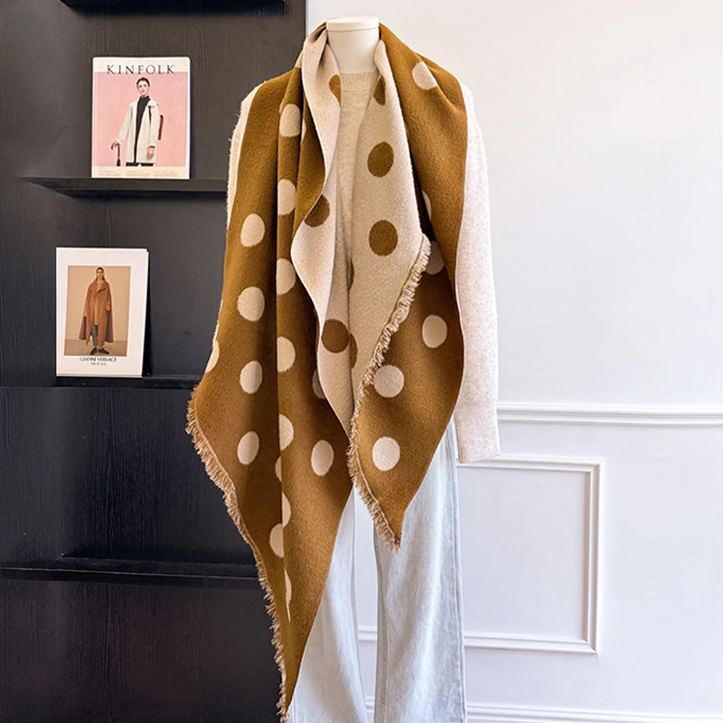 Damen-Kaschmirschal der Luxusmarke 2025, warmer Winter-Pashmina-Schal mit Quasten, gestreift und gepunktet, bedruckt, Foulard und Poncho – Detail 17