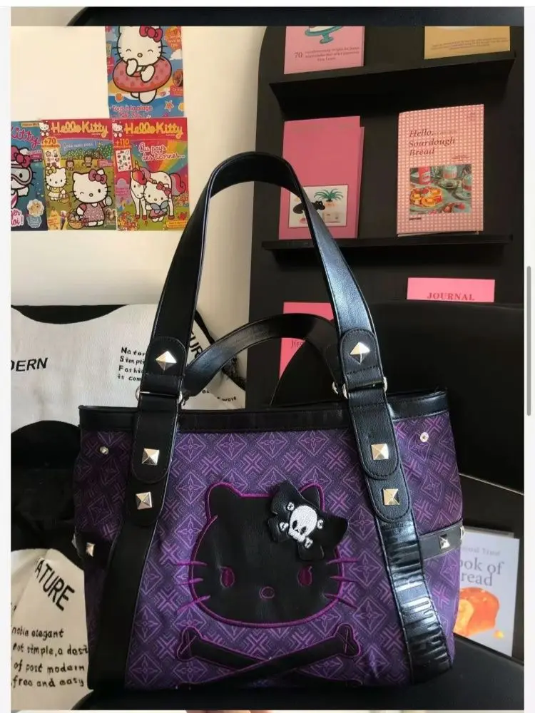 

Sanrio Hello Kitty Vintage Patchwork Purple Armpit Bag Subculture Y2K Sweet Spicy Girl Handbag Gothic Trend Versatile Tote Bag
