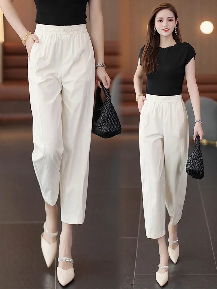 

Slimming High Waist Ice Silk Harem Pants Women's Summer Thin Elastic Loose Nine-Piece Cabbage Pants Korean Style Commute Wind