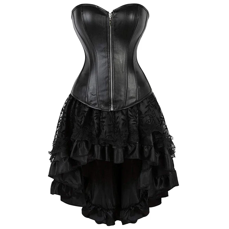 Leather Corset Dress Plus Size Steampunk Women Skirt Top Blouse Bustier Sexy Zipper Style Exotic Lingerie Gotico Korset Mujer