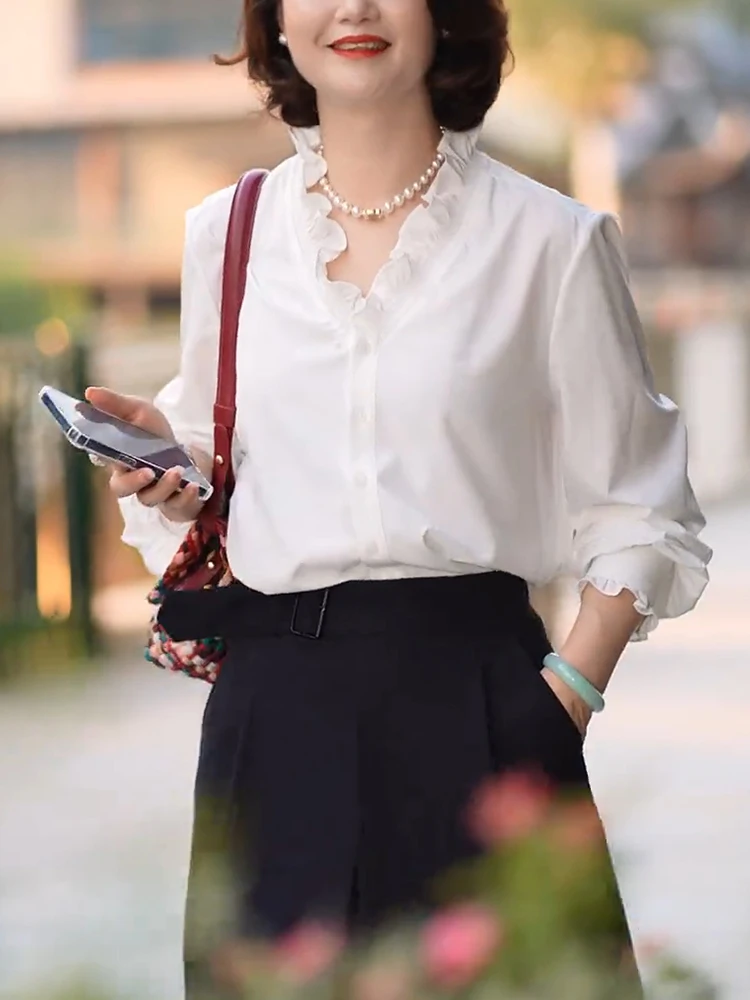 

Spring 2025 Korean Sle Commute irt Slimming Wood ain Ele plus Size Faionable Blouse for Women