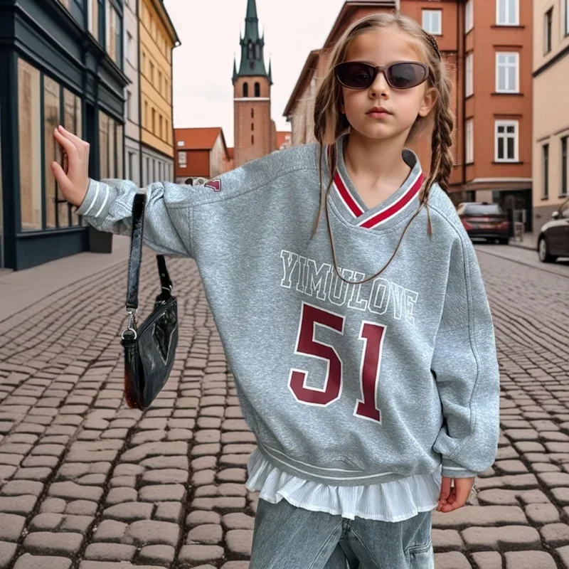 

School Girls Sweatshirt V-neck Loose Casual Letter Printed Teen Kids Pullovers Spring 2025 New Sportswear Children Tops Clothes