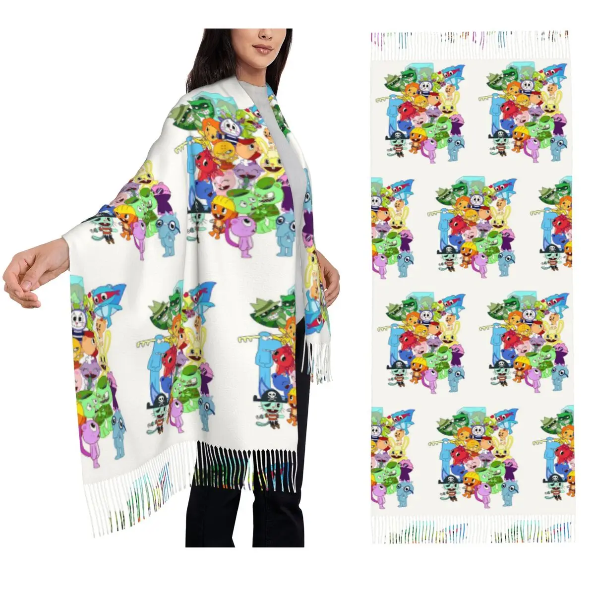 

Шарф с кисточками Happy Tree Friends, женские мягкие теплые шали и накидки, длинная осенне-зимняя шаль