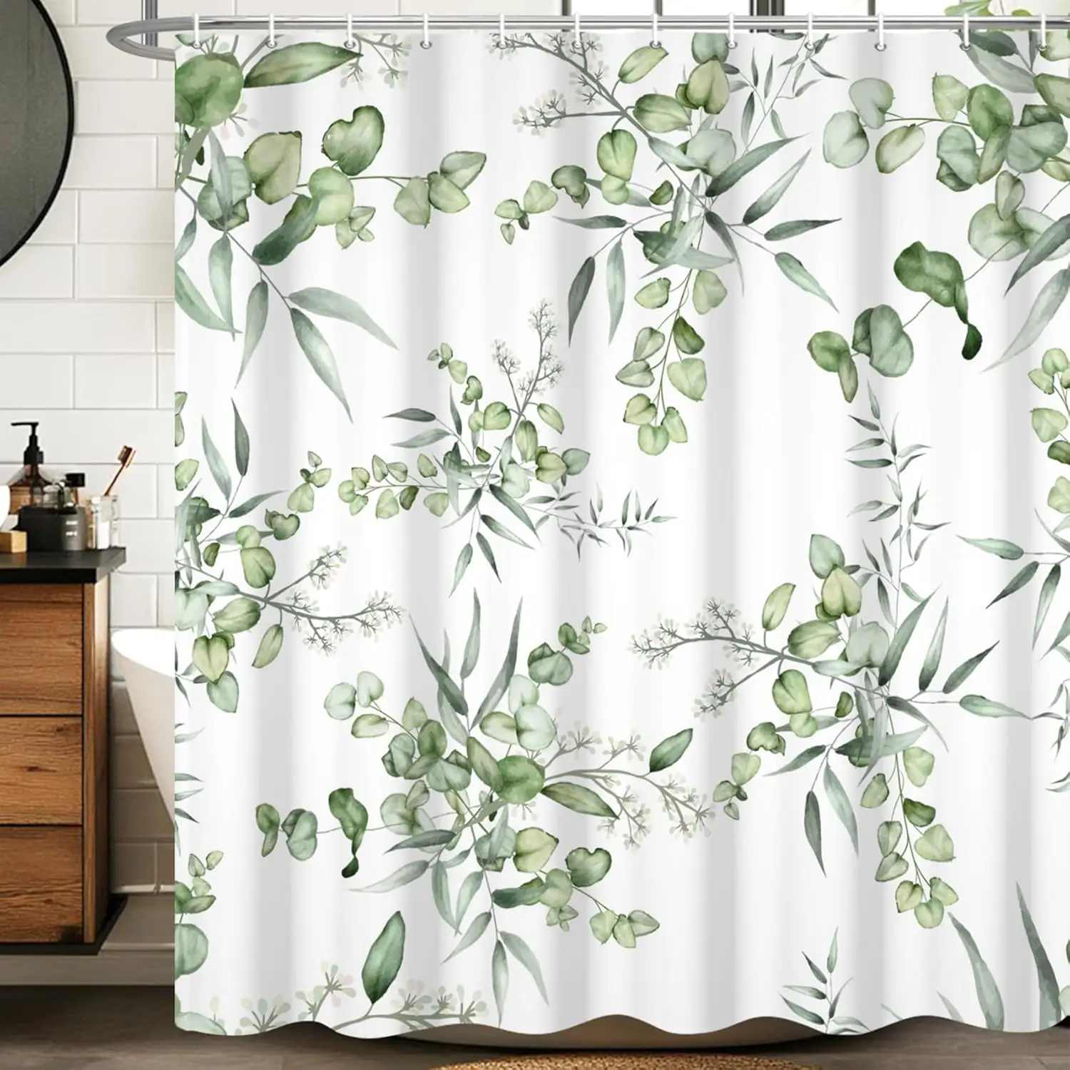

Green Eucalyptus Leaves Plant Pattern Shower Curtain Waterproof Botanical Design Bathroom Decor for Modern Home