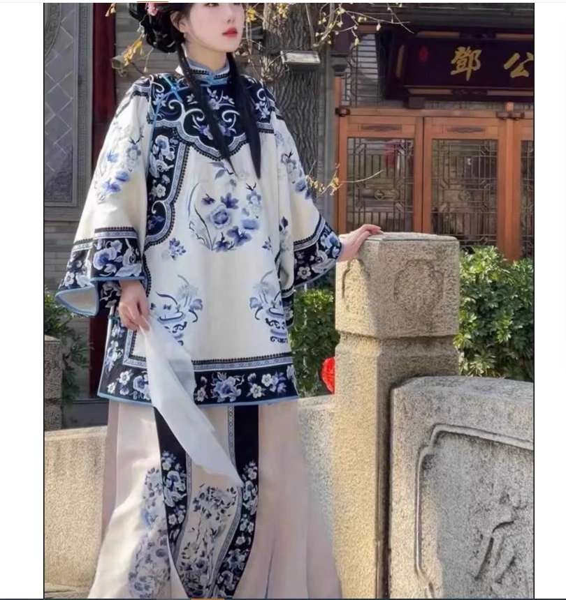 

Женская одежда династии Цин, женский костюм Цин Хань, клетчатый костюм, ханьфу в древнем стиле, комплект юбки с принтом в виде конского лица, платье