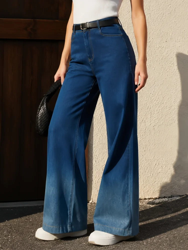Smoothscape Women’s High Rise Slimming Wide Leg Jeans Gradient Denim Pants Loose Fit Vintage Casual Streetwear Fashion Trendy