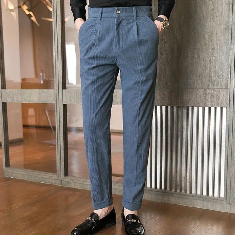 Korean Fashion Spring and Autumn New Men\'s Solid Color Pocket Zipper Corduroy Simplicity Casual Versatile Straight Suit Pants