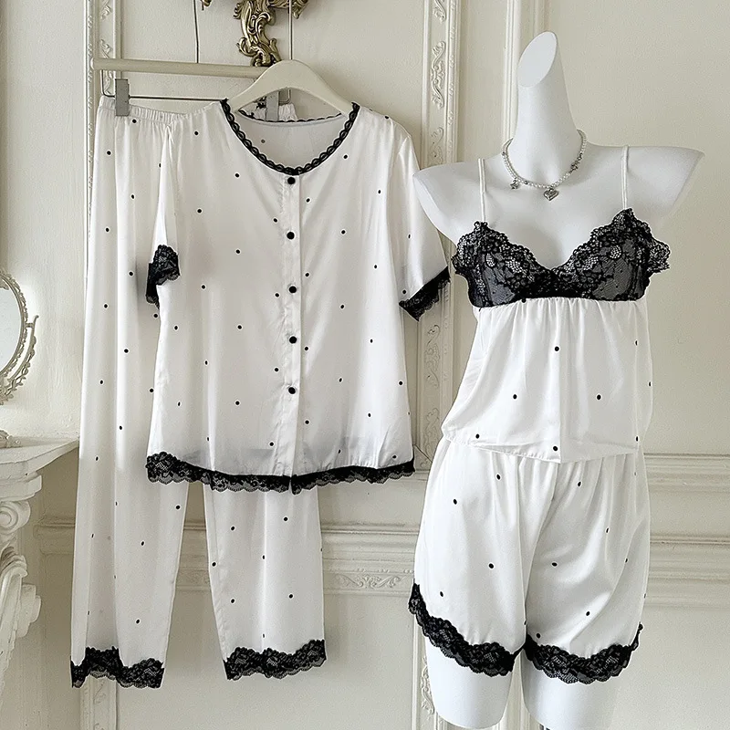 

Minimalist New Women's Pajama Four Piece Set Ice Silk Sleepwear Trouser Pijamas Suit Sexy Lace Cami Shorts Lingerie Homewear