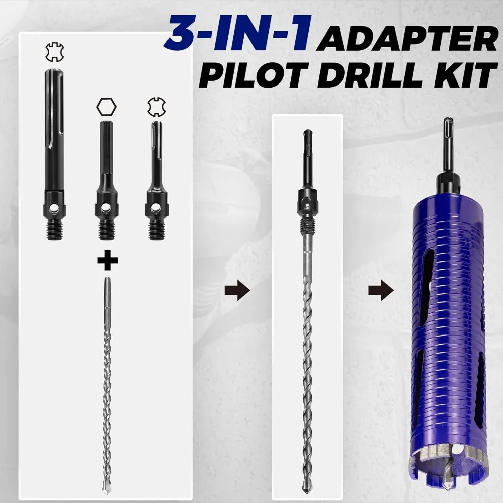 Professional Grade Dry Core Drill Bit Set with Pilot and 3 Attachments for Concrete Drilling
