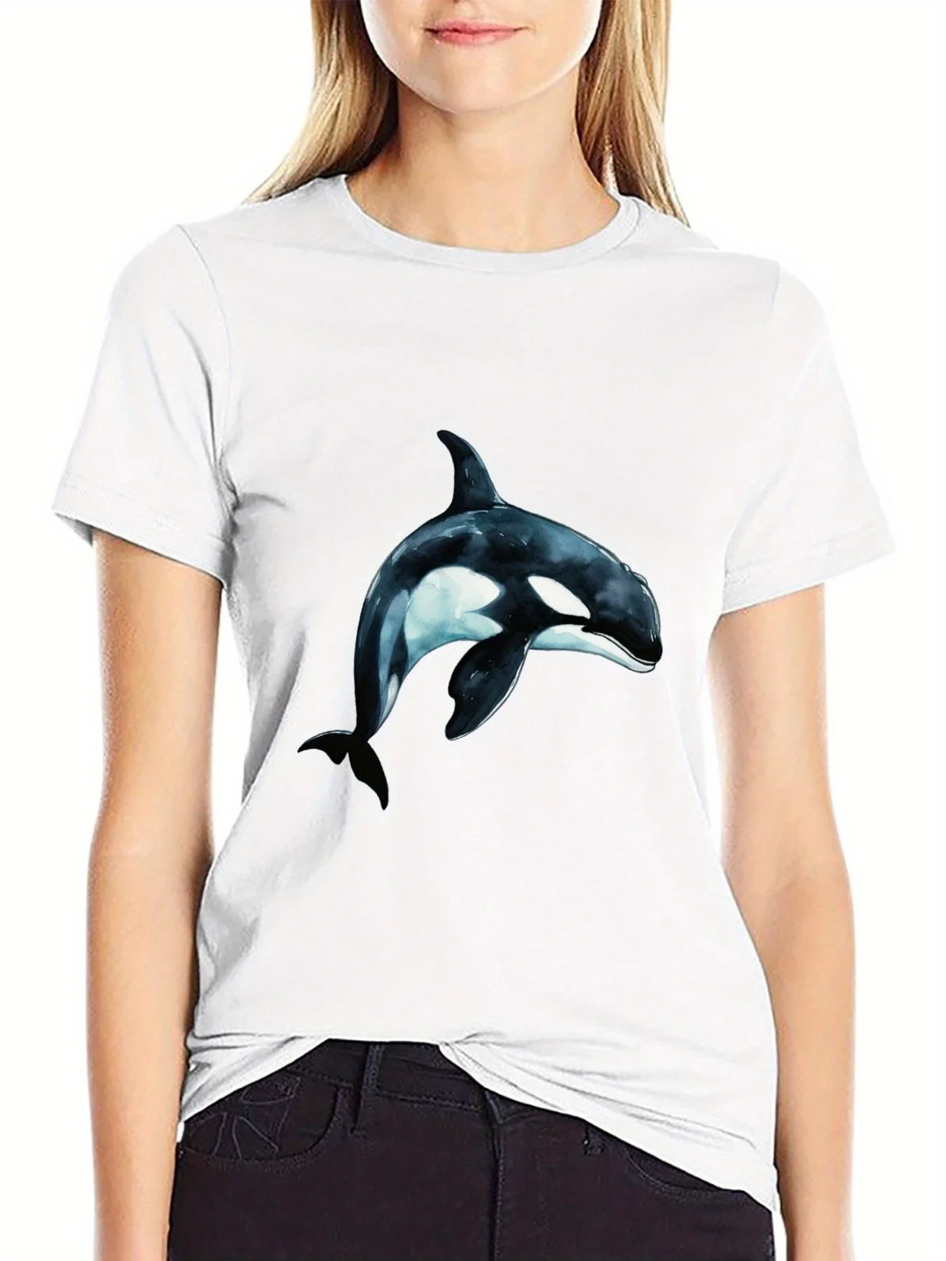 Böhmisches Kurzarm-T-Shirt für Damen mit Rundhalsausschnitt und einzigartigem Wal-Grafikdruck für lässige Frühlings- und Sommeroutfits, Y2K-Top