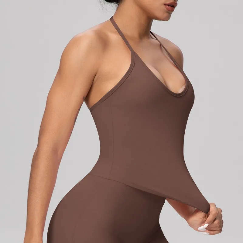 

Strap Neck Backless Yoga Vest Quick Drying Tight Fitting with Chest Cushion Casual Sports Bra Workout Clothes Gym Top for Women