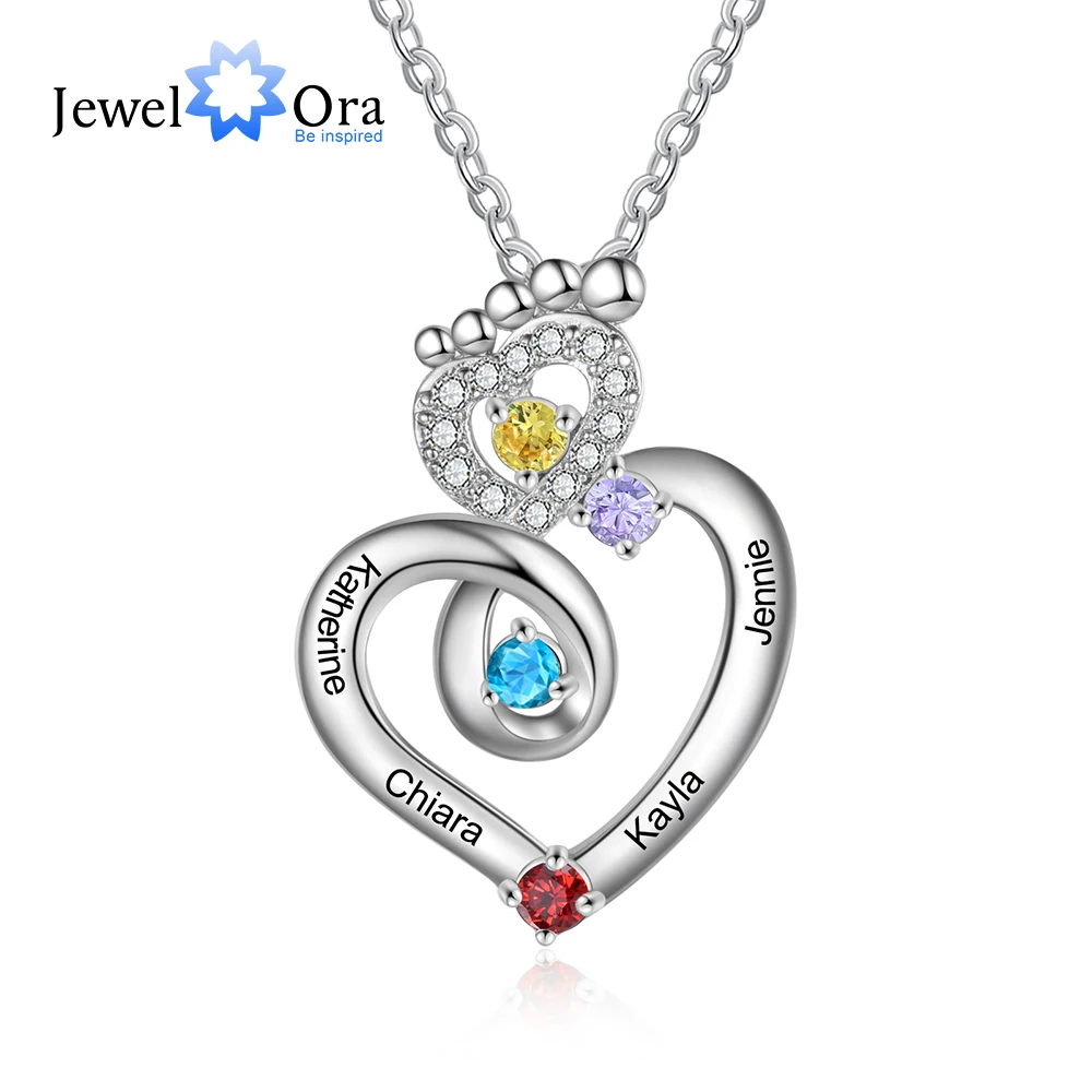 

Personalized Baby Feet Zircon Heart Engraved Name Necklace Silver Color Customized 1-4 Birthstone Mothers Day Gifts for Women