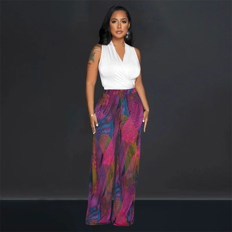 Elegant Pant Sets Womens 2 Piece Outfit Set Office Lady Sleeveless Top and Print Wide Leg Pants Party Night Club Outfits Chic